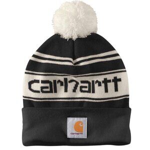 Carhartt Knit Pom-Pom Cuffed Logo Beanie Black and White NWT